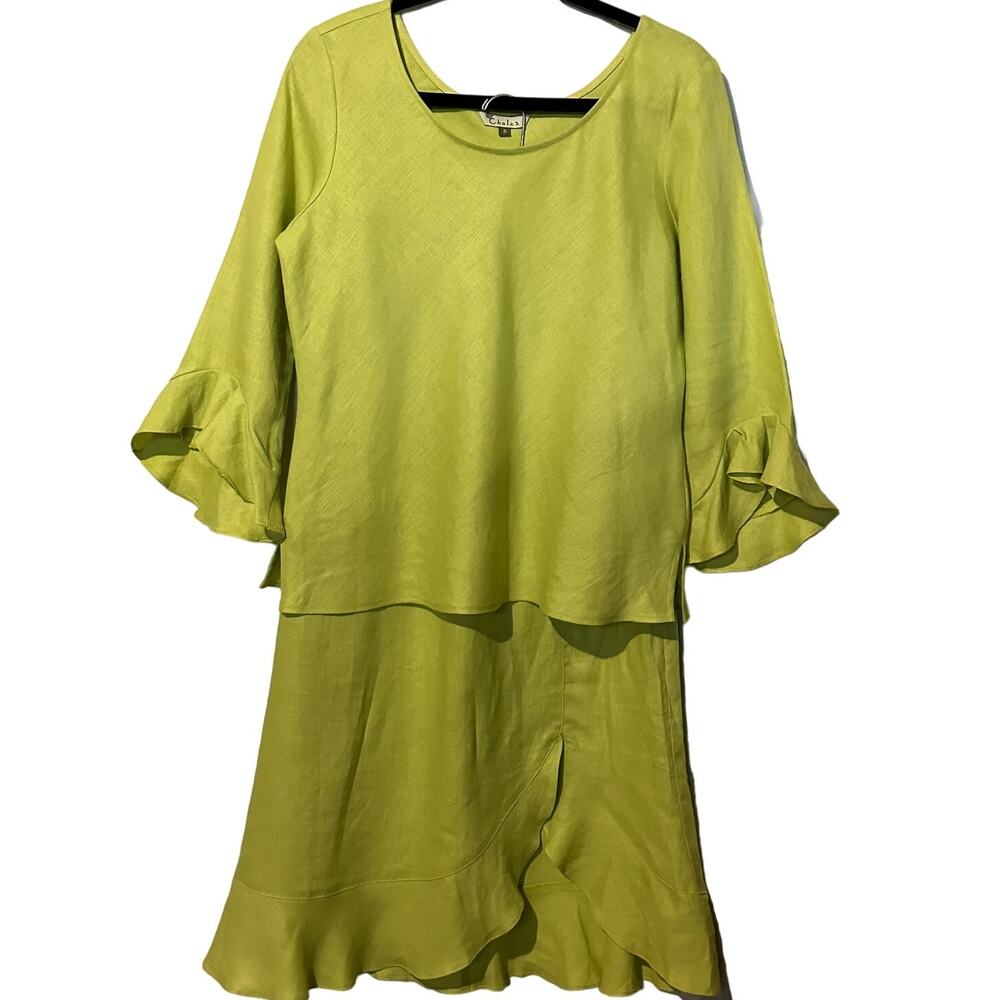 Chalet 2 Piece 100% Linen Women Sz Small Ruffle Detail Faux Wrap Lagenlook Artsy
